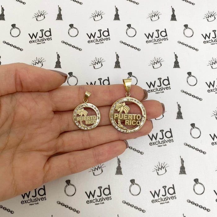 10K Yellow Gold CZ Puerto Rico Palm Tree Medallion Disk Pendant