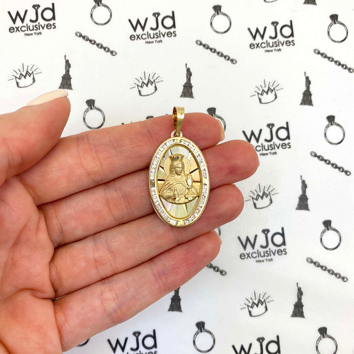 14K Gold CZ Religious Santa Barbara Oval Pendant 1.5"