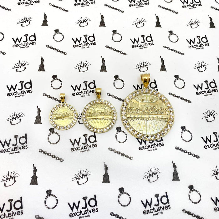 Solid 10K Gold CZ Frame Last Supper Round Pendant 0.8"-1.6"