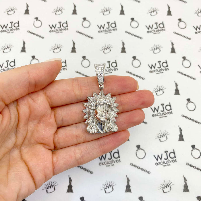 14k Gold Over Silver CZ Jesus Head Thorn Pendant 1.8"