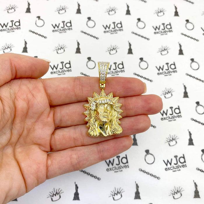 14k Gold Over Silver CZ Jesus Head Thorn Pendant 1.8"