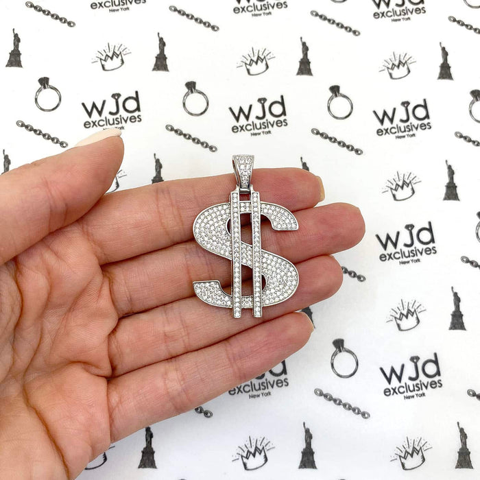 14K Gold Over Silver Ice Out CZ Pave Dollar Sign Pendant 1.6"