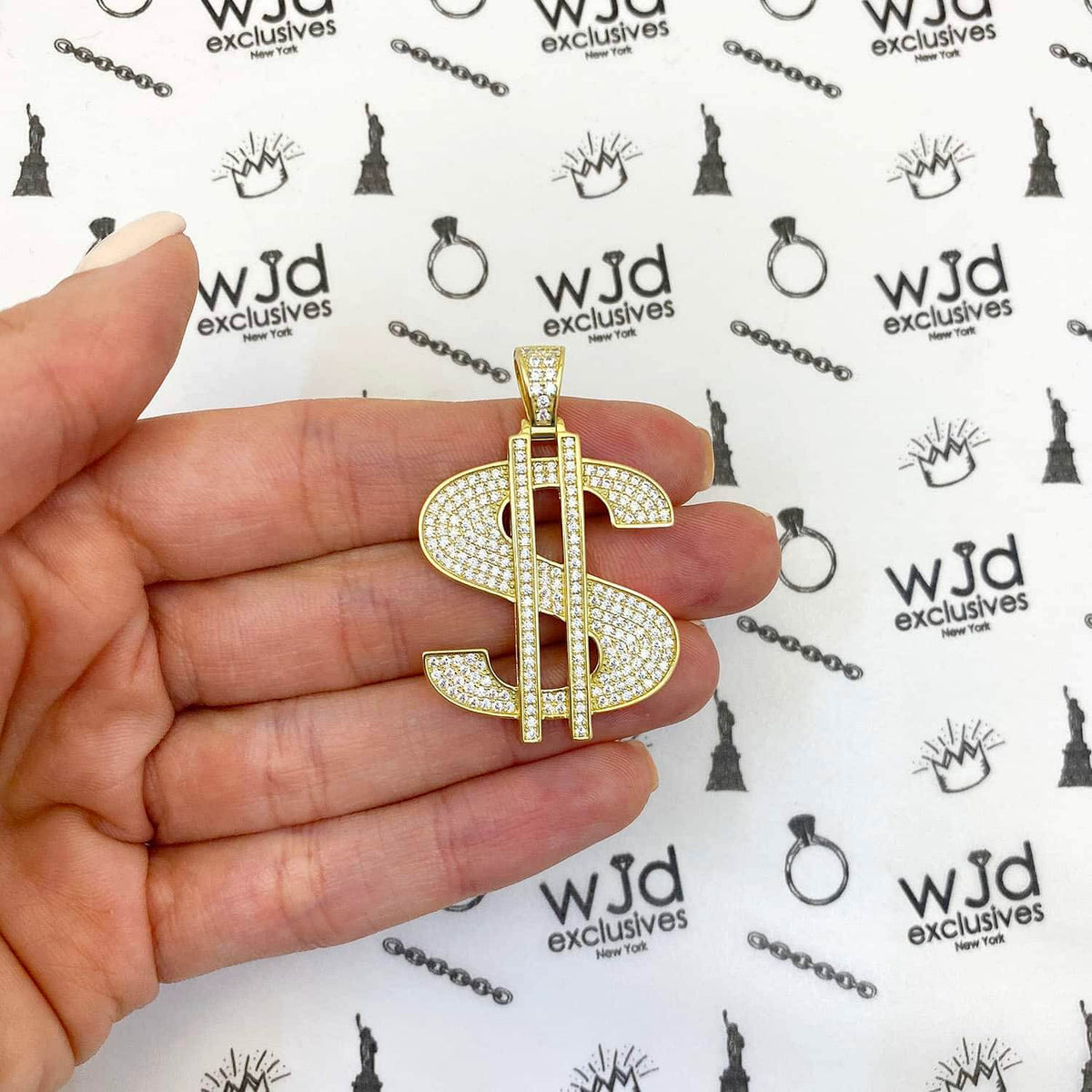 14K Gold Over Silver Ice Out CZ Pave Dollar Sign Pendant 1.6"