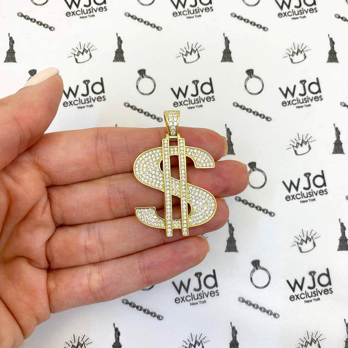 14K Gold Over Silver Ice Out CZ Pave Dollar Sign Pendant 1.6"