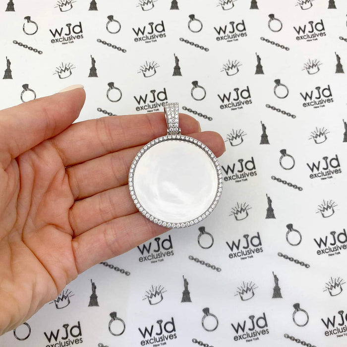 14K White Gold Over Silver CZ Picture Memory Frame Medallion Pendant 1"-2"