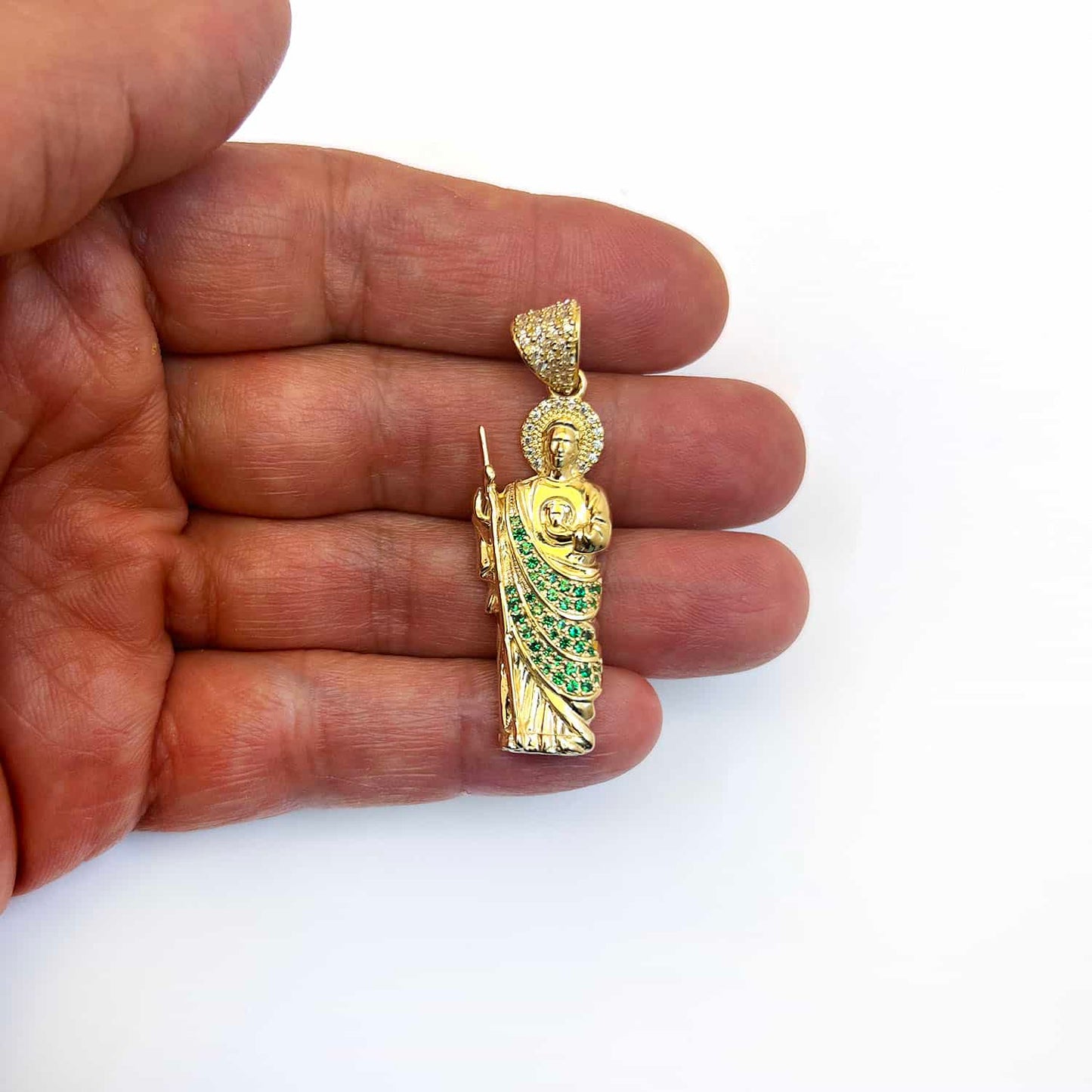 14K Real Gold 1.05CTW CZ Green St Judas Pendant 2"