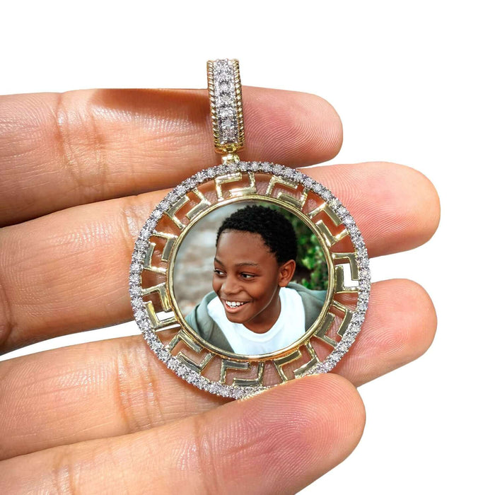 0.20CTW Natural Diamond Real 10K Gold Circle Greek Key Memory Customizable Pendant 2" - WJD Exclusives