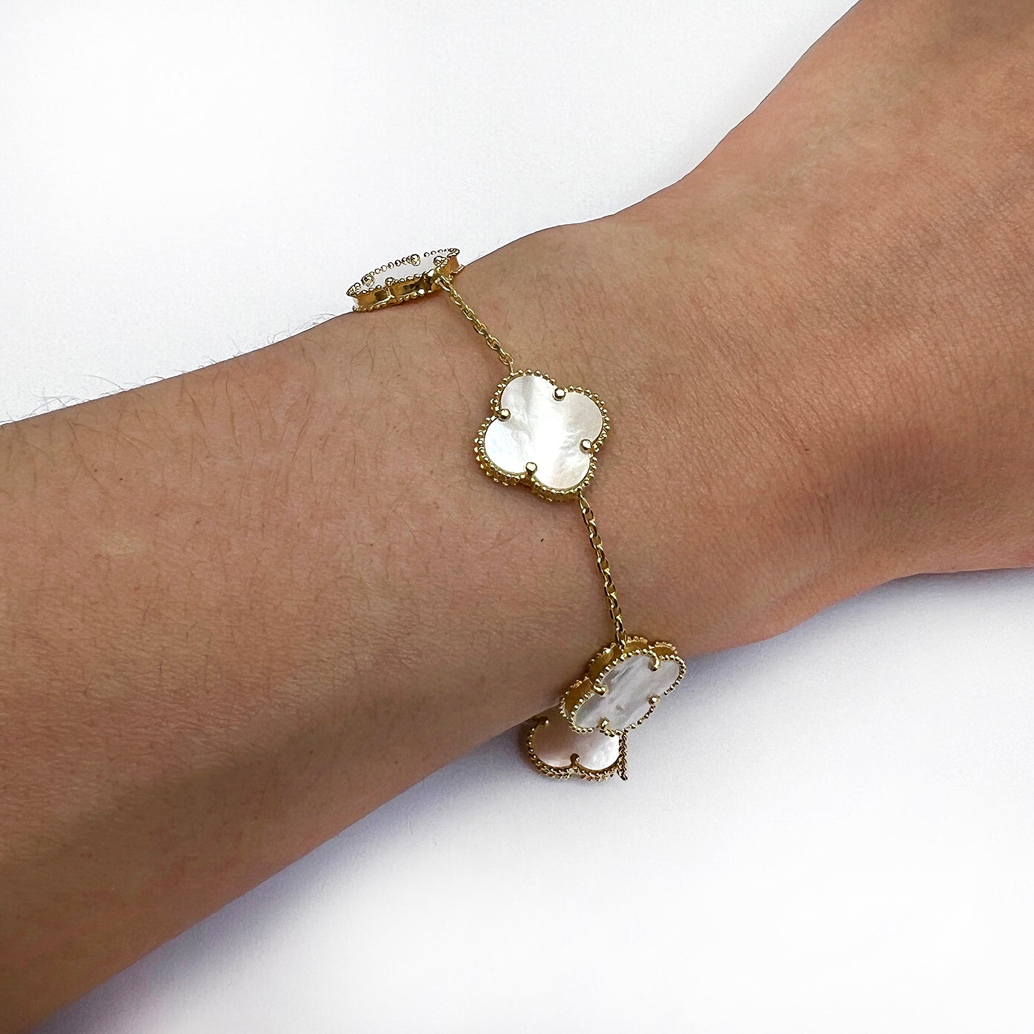 14K Yellow Gold Natural Gemstone Clover Adjustable Bracelet 7–7.5