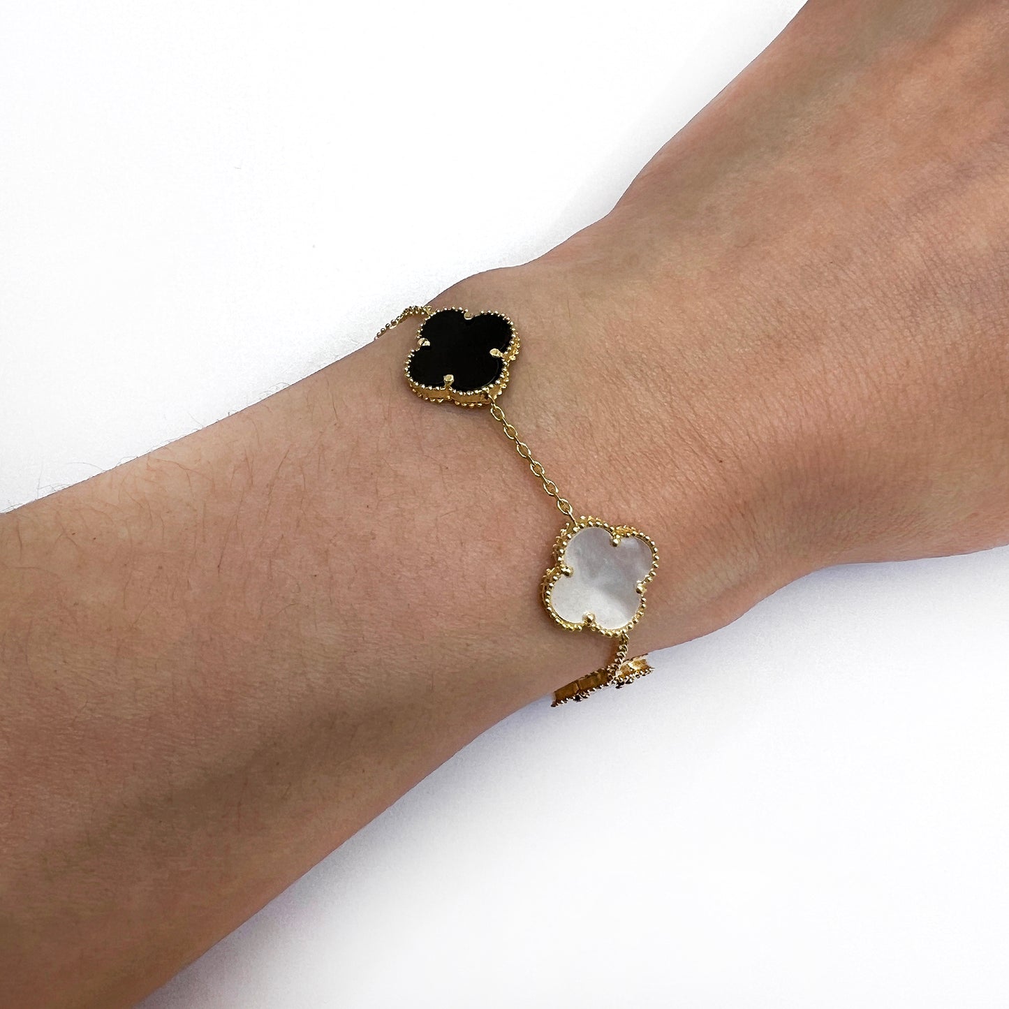 14K Yellow Gold Natural Gemstone Clover Adjustable Bracelet 7–7.5"