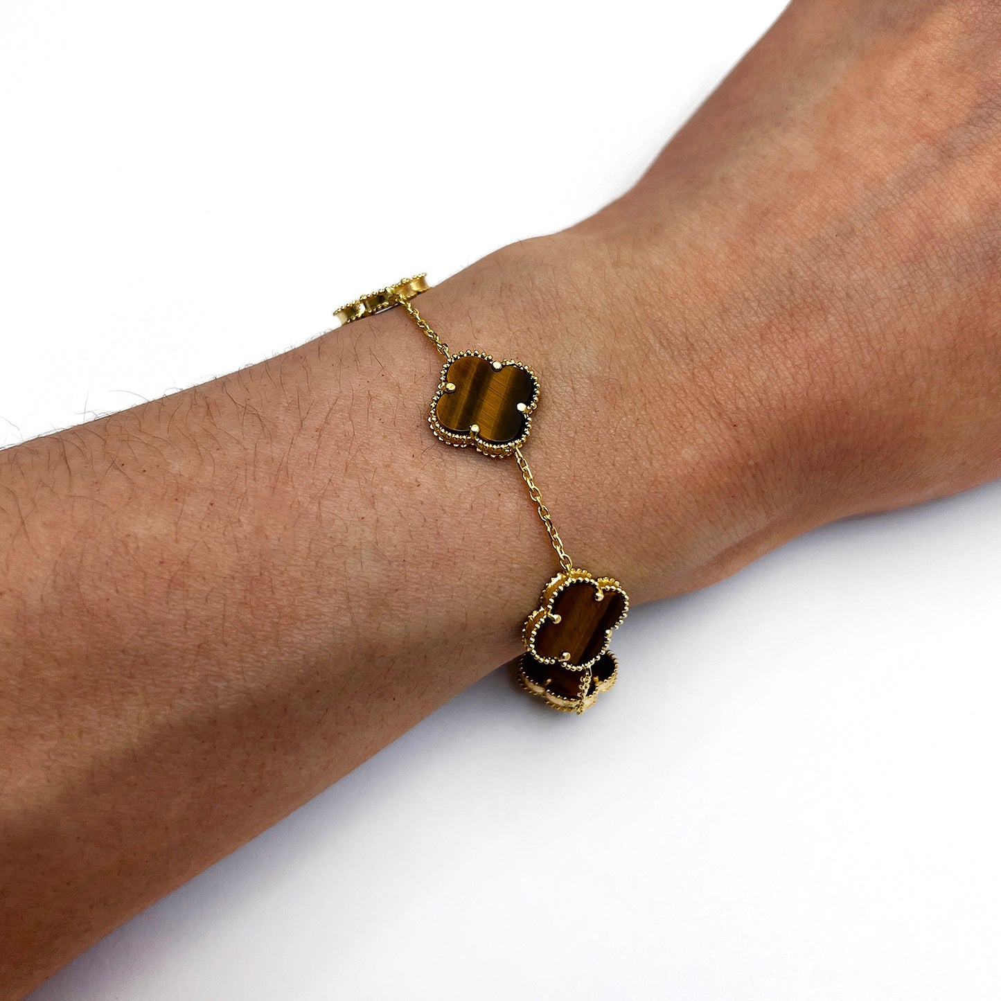 14K Yellow Gold Natural Gemstone Clover Adjustable Bracelet 7–7.5"