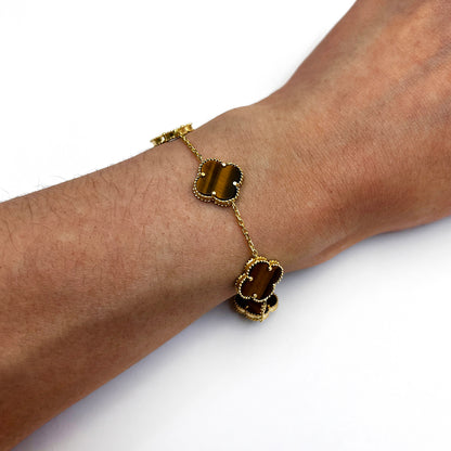 14K Yellow Gold Natural Gemstone Clover Adjustable Bracelet 7–7.5"