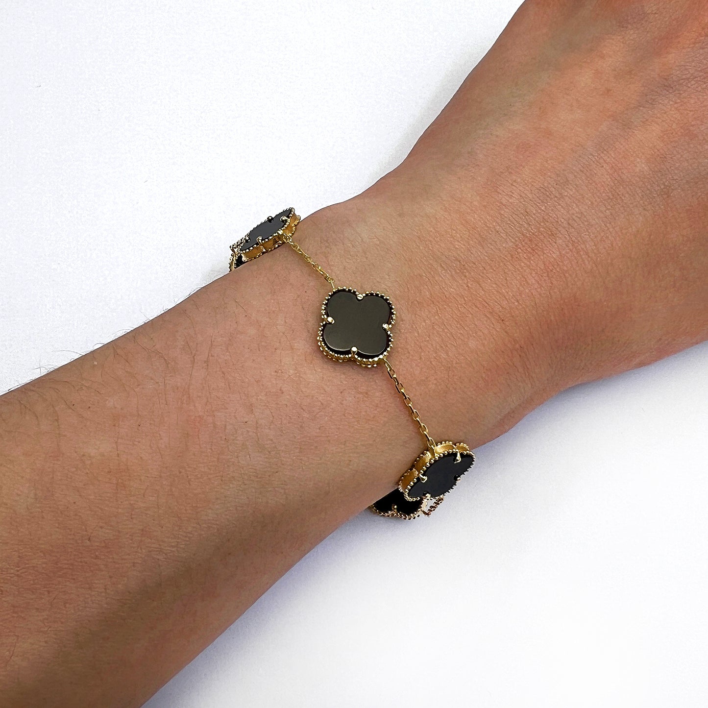 14K Yellow Gold Natural Gemstone Clover Adjustable Bracelet 7–7.5"