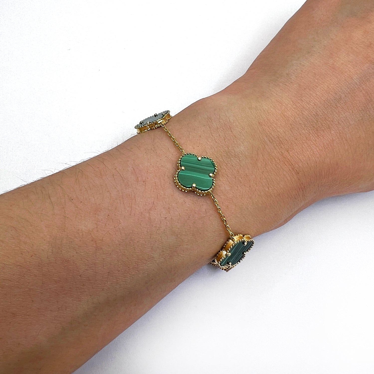 14K Yellow Gold Natural Gemstone Clover Adjustable Bracelet 7–7.5