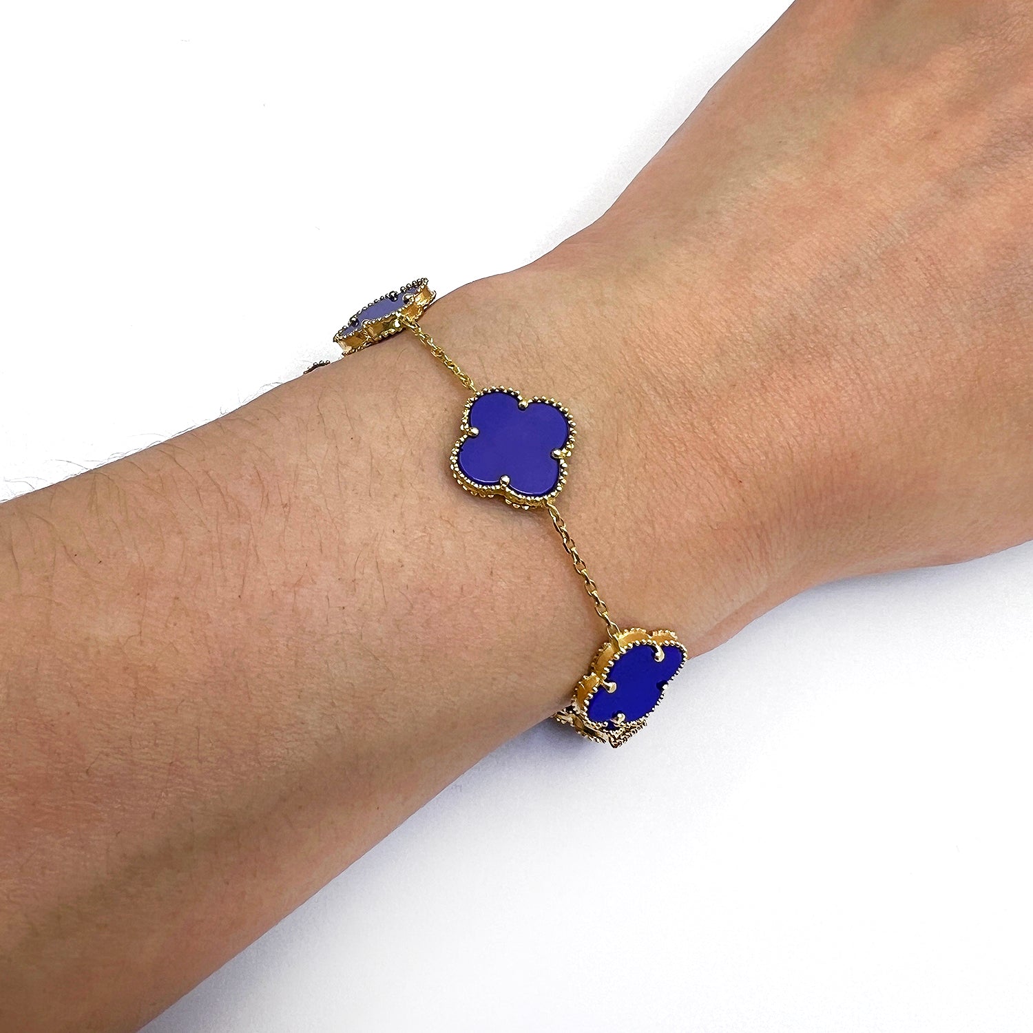 14K Yellow Gold Natural Gemstone Clover Adjustable Bracelet 7–7.5