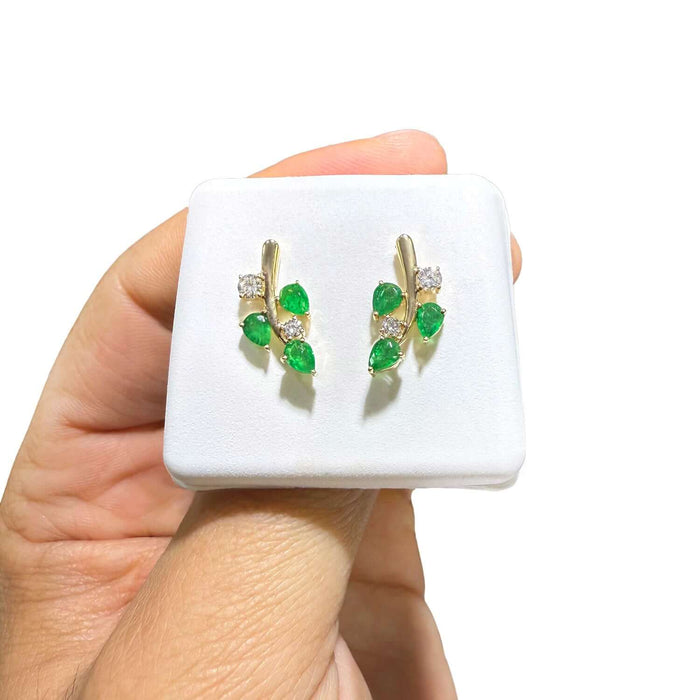 1.20CTW Natural Diamond & Natural Ruby Emerald 14K Gold Leaf Stud Earrings 16mm - WJD Exclusives