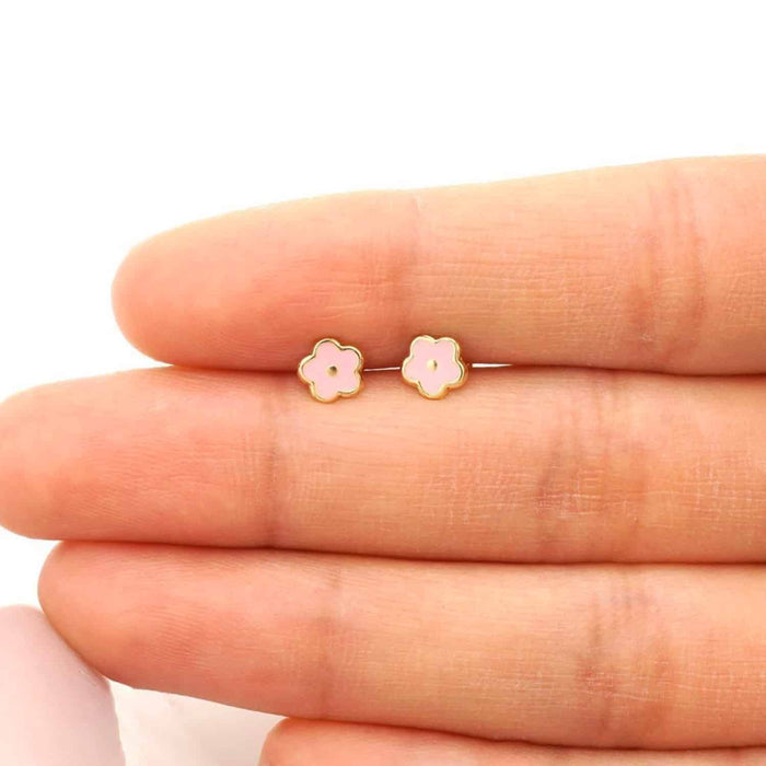 Kids 14K Gold Pink Blue Green Red White Purple Yellow Enamel Flower Earrings 7mm