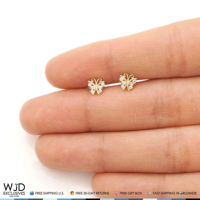 Pink Tourmaline Butterfly Baby Screw Back Stud Kid Earrings 14K Real Yellow Gold