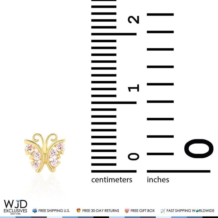 Pink Tourmaline Butterfly Baby Screw Back Stud Kid Earrings 14K Real Yellow Gold