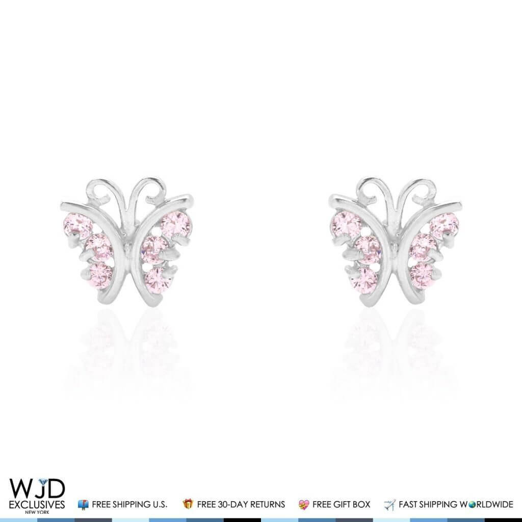 Pink Tourmaline Butterfly Baby Screw Back Stud Kid Earrings 14K White Gold