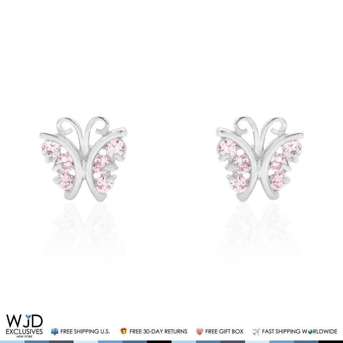 Pink Tourmaline Butterfly Baby Screw Back Stud Kid Earrings 14K White Gold