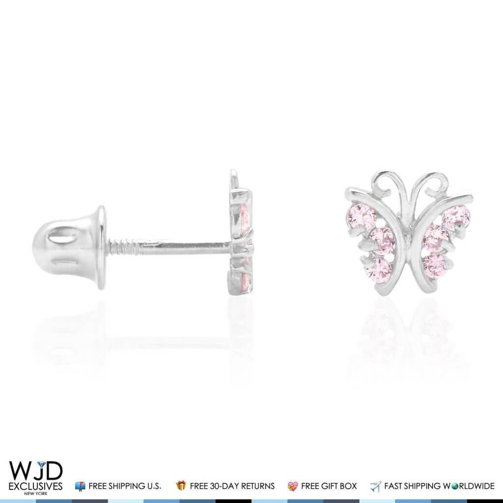 Pink Tourmaline Butterfly Baby Screw Back Stud Kid Earrings 14K White Gold