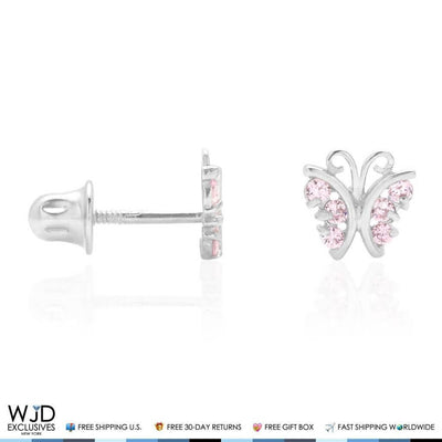 Pink Tourmaline Butterfly Baby Screw Back Stud Kid Earrings 14K White Gold