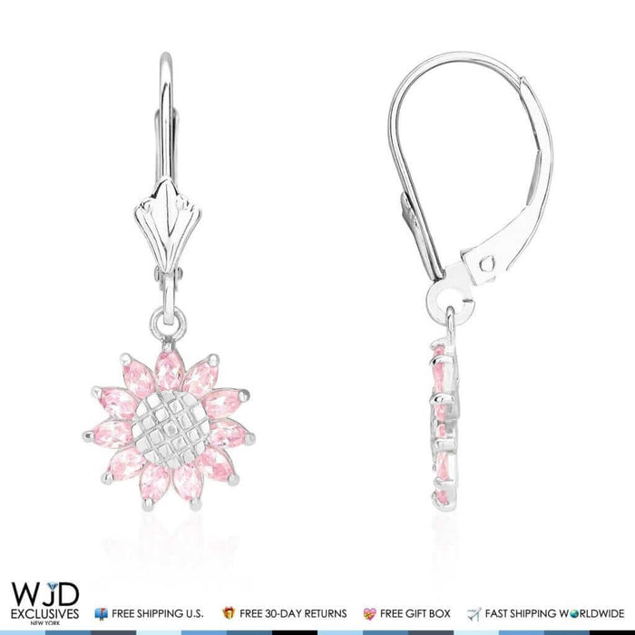 Pink Tourmaline Sunflower Shaped Dangle Leverback Earrings 14K White Gold