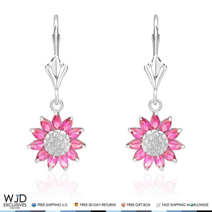 Simulated Ruby Sunflower Dangle Leverback Earrings 14K White Gold