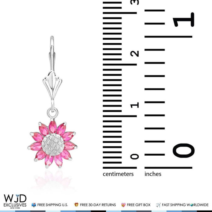 Simulated Ruby Sunflower Dangle Leverback Earrings 14K White Gold