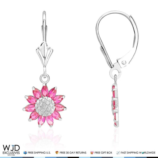 Simulated Ruby Sunflower Dangle Leverback Earrings 14K Solid White Gold