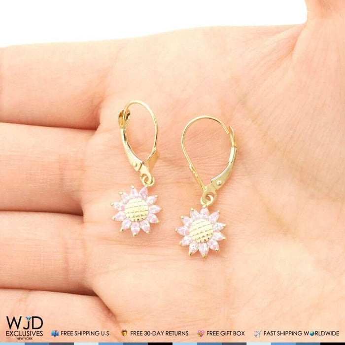 Pink Tourmaline Sunflower Shaped Dangle Leverback Earrings 14K Yellow Gold
