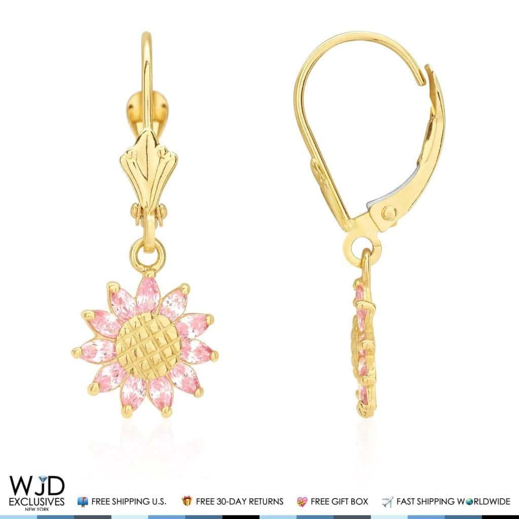 Pink Tourmaline Sunflower Shaped Dangle Leverback Earrings 14K Solid Yellow Gold