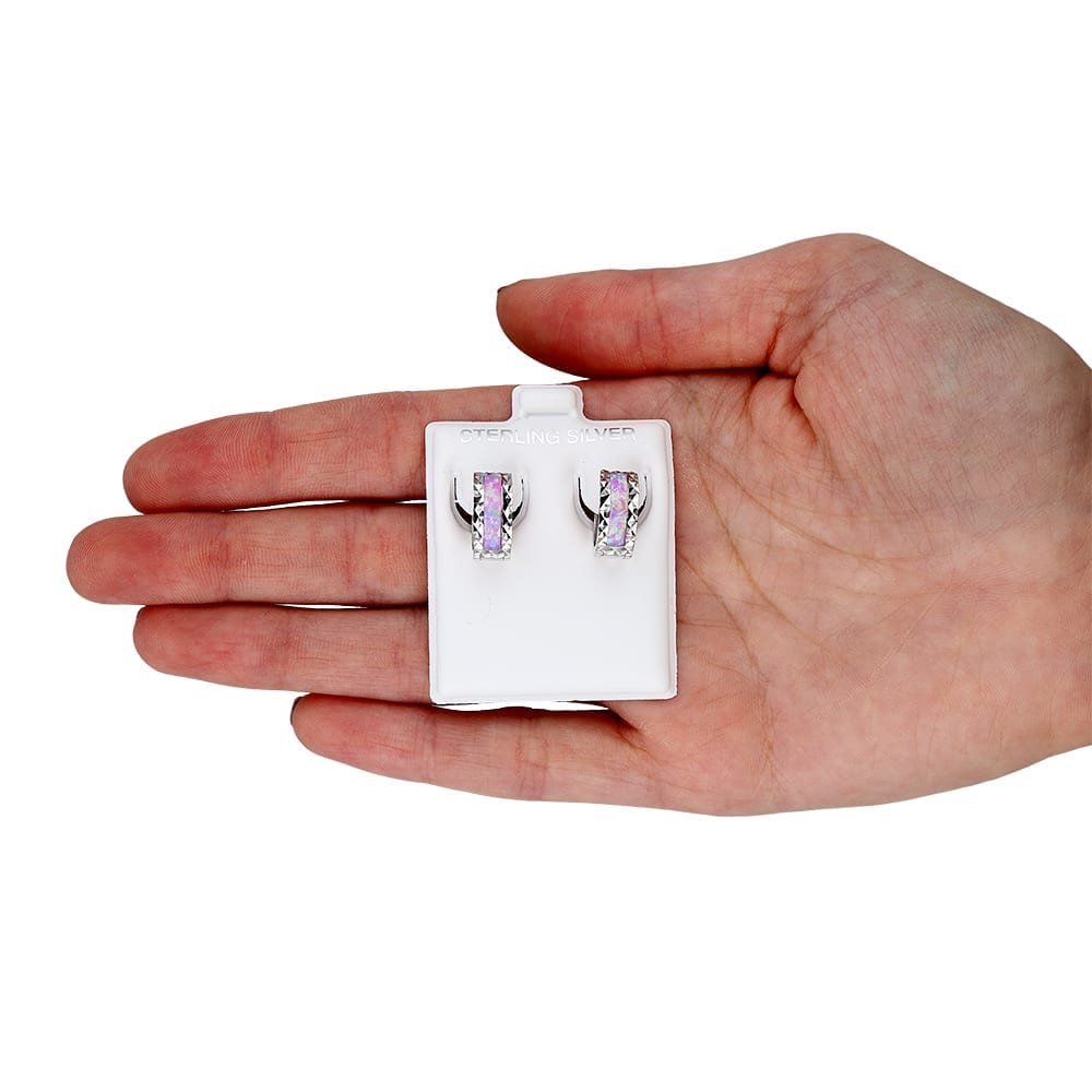14k White Gold Diamond Cut Fire Opal Huggie Hoop Earrings 0.5"