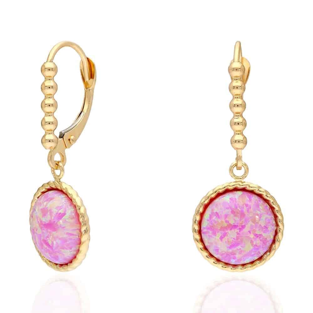 14K Real Gold Yellow, White Twisted Bezel Fire Opal Leverback Earrings 11.5mm