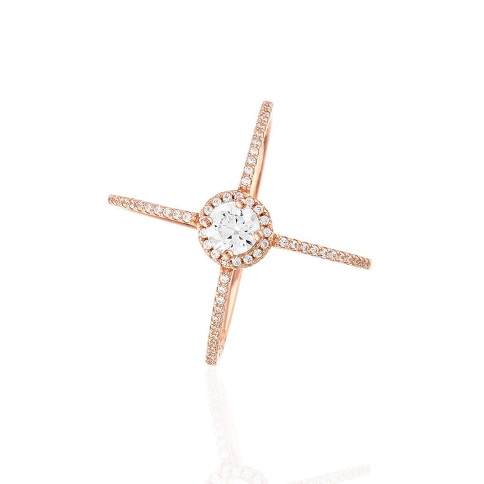 Yellow White Rose Gold Tone White Zirconia Sterling Silver Crisscross Halo Ring