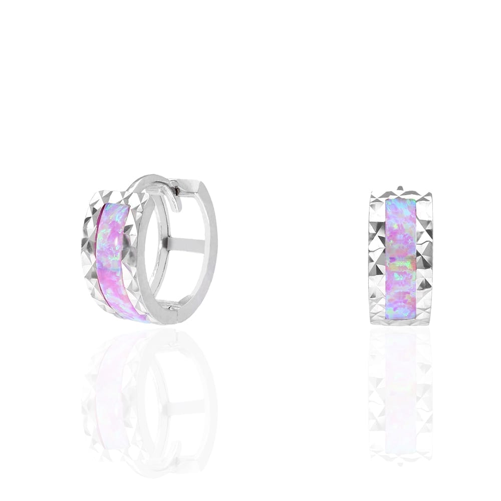 14k White Gold Diamond Cut Fire Opal Huggie Hoop Earrings 0.5"