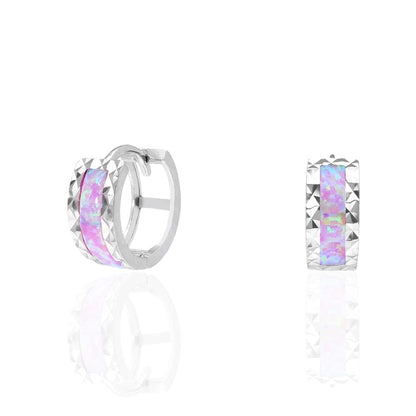 14k White Gold Diamond Cut Fire Opal Huggie Hoop Earrings 0.5"