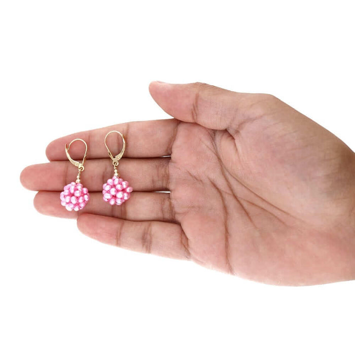 14k Yellow Gold Freshwater Pearl Cluster Leverback Earrings 1.4"