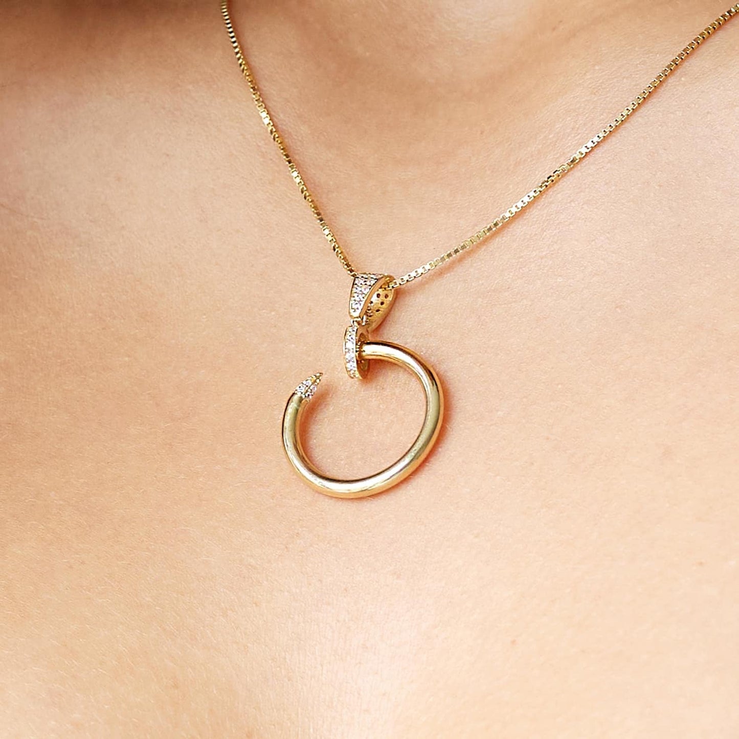 CZ 14K Yellow Gold Twisted Curved Nail Spike Pendant 1.3" 1.4"