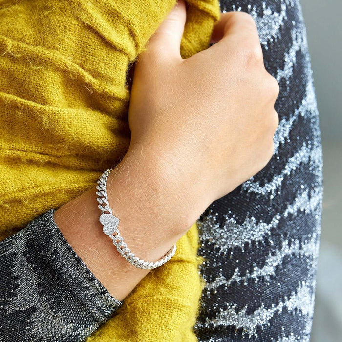 18K White Gold Over Silver CZ 6mm Pave Heart Miami Bracelet (Solid Links) 7.5" - 8" - WJD Exclusives