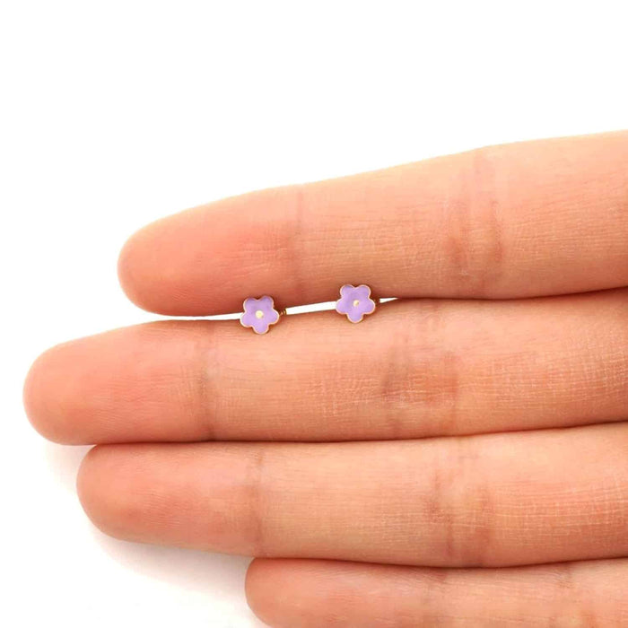 Kids 14K Gold Pink Blue Green Red White Purple Yellow Enamel Flower Earrings 7mm