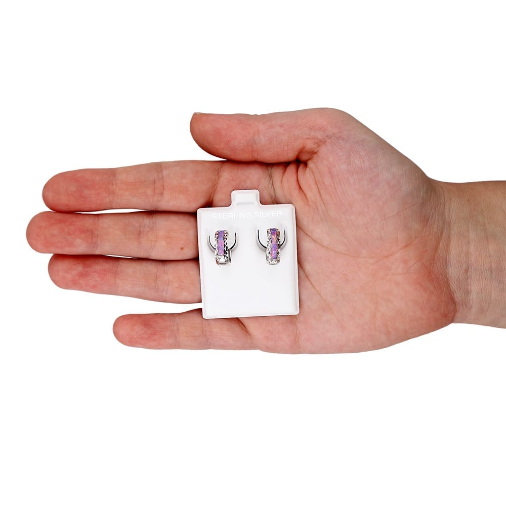 925 Sterling Silver Diamond Cut Fire Opal Huggie Hoop Earrings 0.55"