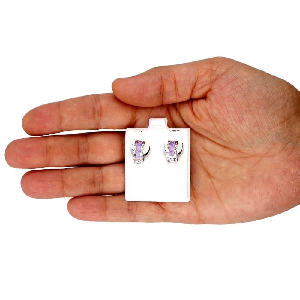 14k White Gold Diamond Cut Fire Opal Huggie Hoop Earrings 0.5"