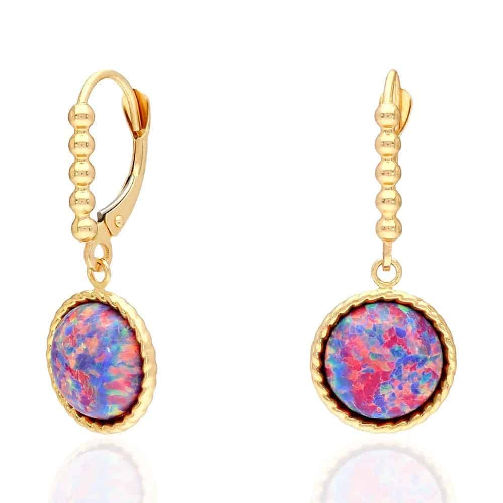 14K Real Gold Yellow, White Twisted Bezel Fire Opal Leverback Earrings 11.5mm