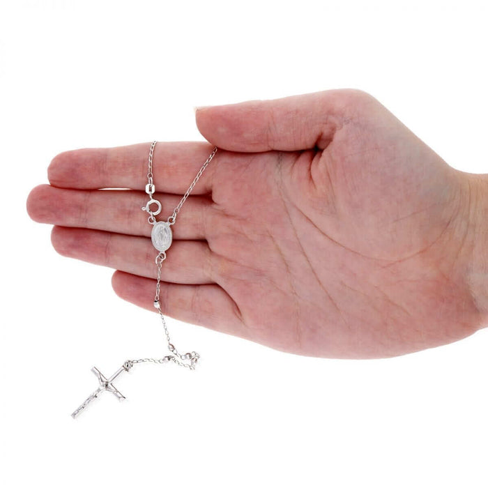 Sterling Silver 3mm Diamond-Cut Rosary Cross Necklace (Hollow) 24"