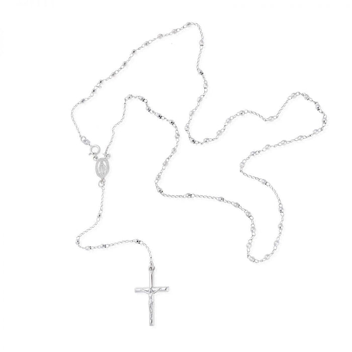 Sterling Silver 3mm Diamond-Cut Rosary Cross Necklace (Hollow) 24"