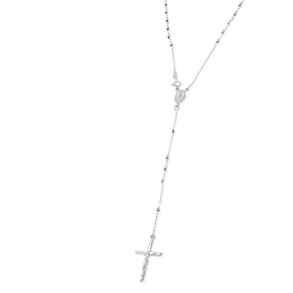 Sterling Silver 3mm Diamond-Cut Rosary Cross Necklace (Hollow) 24"