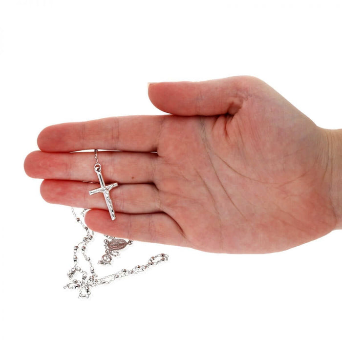 Sterling Silver 3mm Diamond-Cut Rosary Cross Necklace (Hollow) 24"
