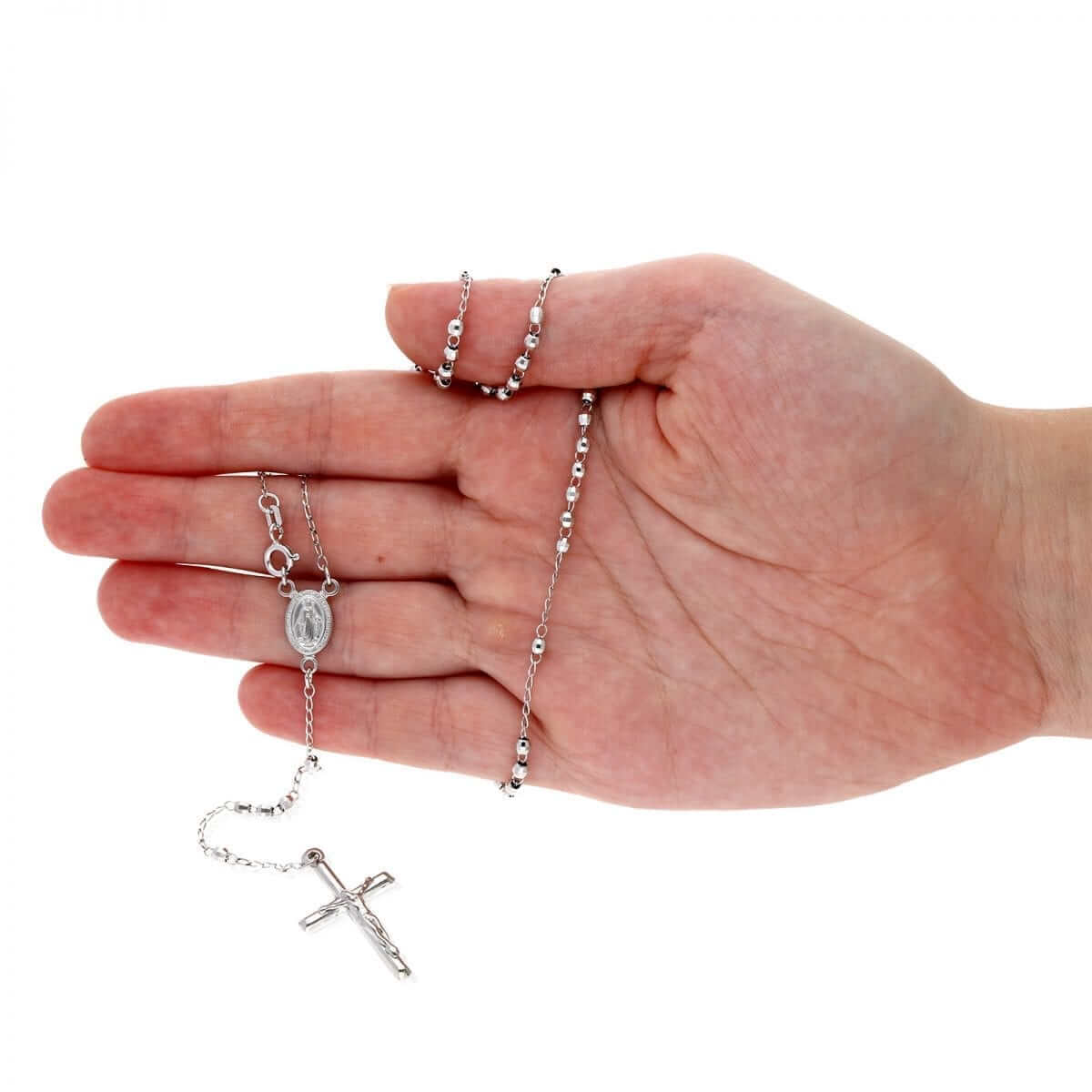 Sterling Silver 3mm Diamond-Cut Rosary Cross Necklace (Hollow) 18"