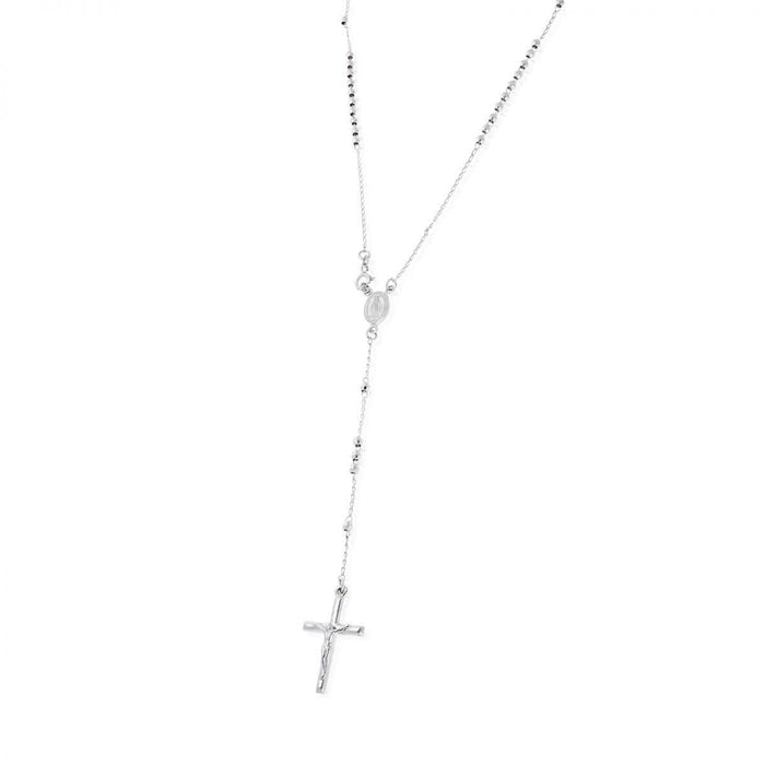 Sterling Silver 3mm Diamond-Cut Rosary Cross Necklace (Hollow) 18"